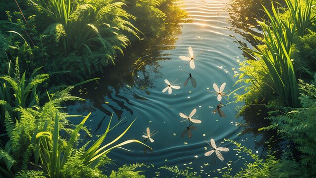 Dragonfly on water surface with fern and plant - Powered by Adobe