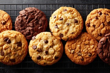 Assorted cookies cooling on a wire rack.