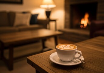 Fototapeta premium Cozy Coffee by Fireplace - A cup of latte art coffee sits on a wooden table near a warm fireplace, creating a relaxing atmosphere