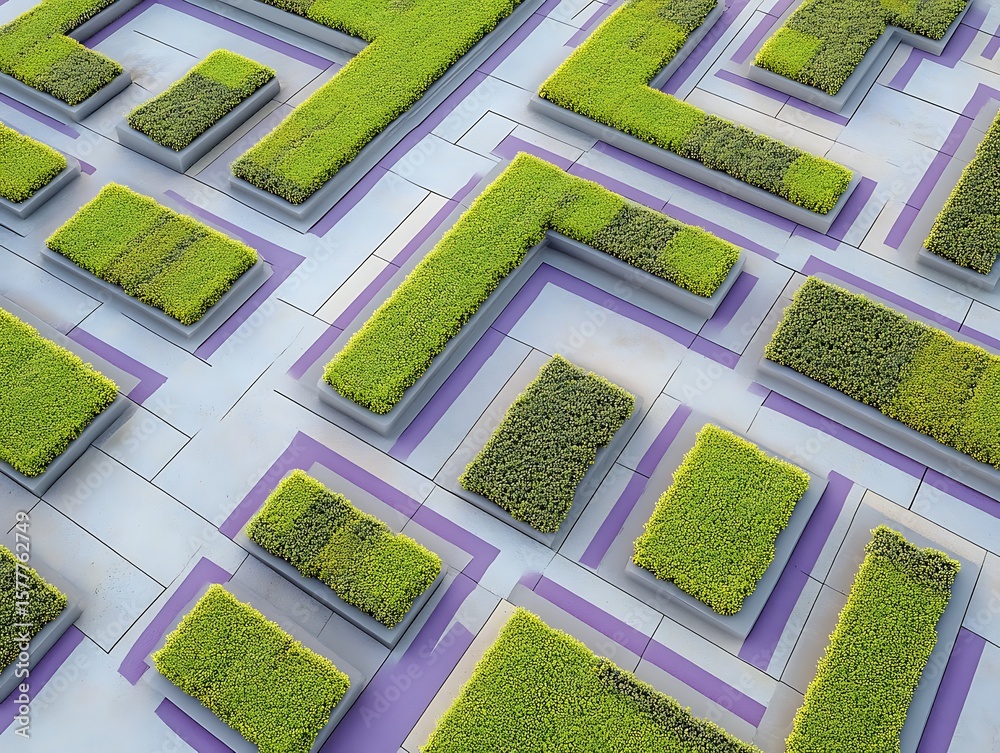 Poster a minimalist grid of lime and lavender lines intersecting to form dynamic square pathways