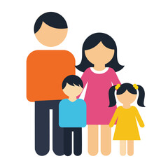 A stylized vector icon depicting a nuclear family of four, including a father, mother, son, and daughter, standing together