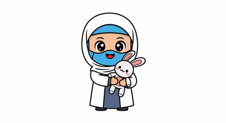Obraz premium Cartoon doctor wearing hijab and mask holding a cute bunny plush
