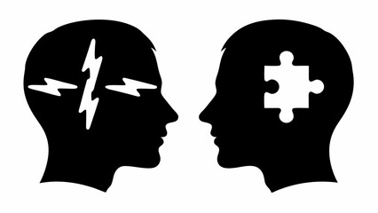 Two heads facing each other with puzzle and lightning
