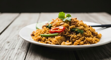 Delicious Fried Rice Dish - A flavorful serving of fried rice with vegetables and meat, garnished with cilantro, presented on a white plate