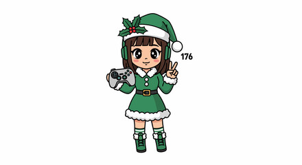 Fototapeta premium Cartoon Gamer Girl in Festive Elf Costume with Controller and Peace Sign
