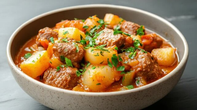 Hearty Beef Stew: A close-up image of a culinary masterpiece, showcasing a savory beef stew brimming with tender chunks of beef, golden potatoes, vibrant carrots, and fresh parsley.