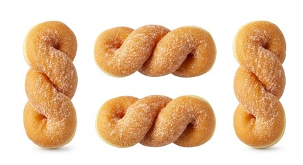 Delicious Twisted Sugar Donuts - Four sweet twisted donuts, coated in granulated sugar, isolated on white background. Perfect for bakery websites, food blogs, and recipe sites