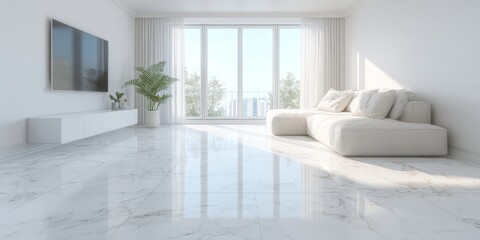 Modern minimalist living room with marble floor and city view