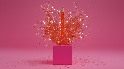 Orange Glitter Exploding from a Pencil in Pink Cube.