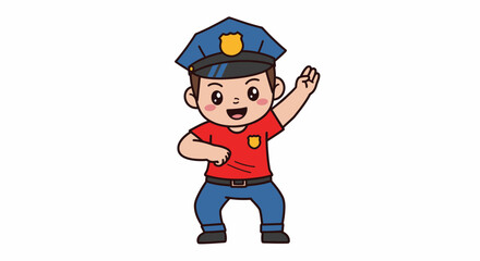Fototapeta premium Cartoon Policeman with Blue Uniform and Raised Hand, Expressing Joy
