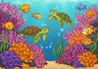 Colorful cartoon coral reef with turtles and fish