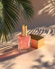 Pink Perfume Bottle With Golden Lid And Box Under Palm Leaf Shadows