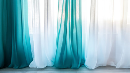 Sheer Floor-Length Ombre Curtains Fading from Rich Teal at Base to White at Top – Elegant Gradient Window Treatment