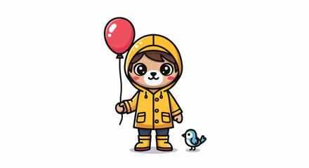 Cute Cartoon Character in Raincoat with Balloon and Bird