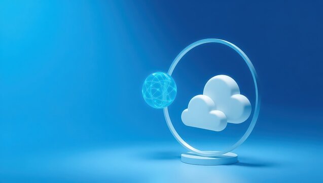 A minimal cloud computing concept with a sphere and clouds inside a circle on a blue background