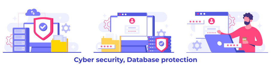 Set of Cyber security flat Illustrations, Database protection, Data Center, File management, cloud storage, Privacy data protection concept for landing page, mobile app, web banner, infographic
