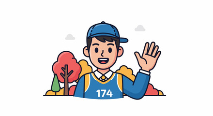 Friendly Cartoon Character Waving in Park Setting