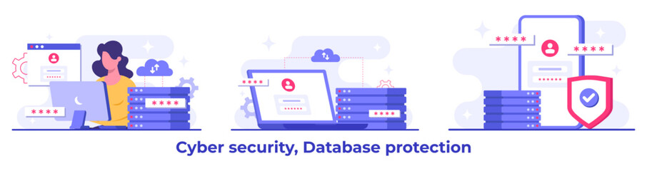 Set of Cyber security flat Illustrations, Database protection, Data Center, File management, cloud storage, Privacy data protection concept for landing page, mobile app, web banner, infographic