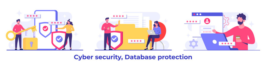 Set of Password secure access concepts, Data protection, Cyber security, information privacy, Account protection flat vector illustration for landing page, app, web banner, infographic, poster
