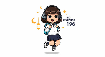 Joyful Cartoon Schoolgirl with Headphones Celebrating Eid Mubarak 196