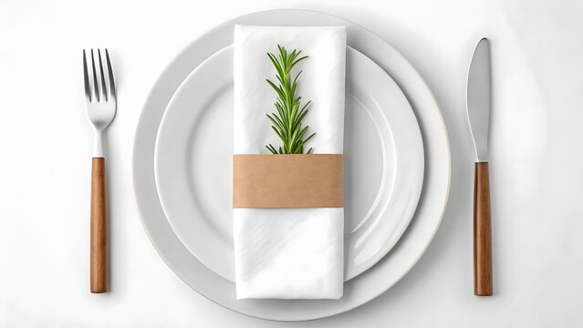 Elegant table setting with rosemary napkin accent and wooden utensils