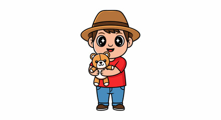 Obraz premium Smiling Cartoon Boy in Hat Holding a Teddy Bear with Joy.