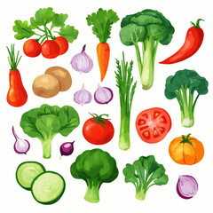 Fototapeta premium Set of Fresh Colorful Vegetables – Tomato, Carrot, Broccoli, Garlic, and More – Hand-Drawn Vector Illustration