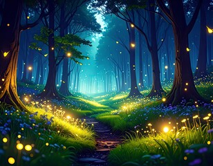 Enchanted Forest Path with Glowing Lights and Flowers