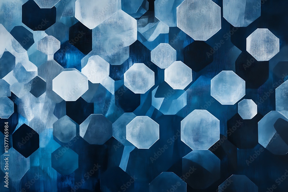 Poster abstract layers of blue hexagons and gray circles floating in a staggered pattern, creating a sense 