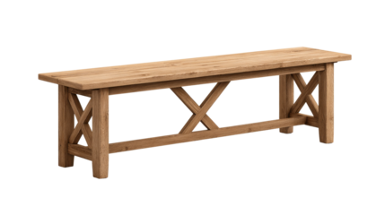 Wooden rustic style bench has solid legs with cross beam design on a transparent background.