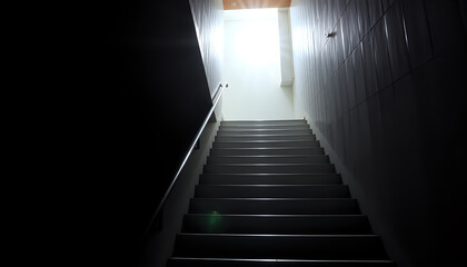 A sunlit staircase leading upward with a radiant glow at the top, creating strong contrast.