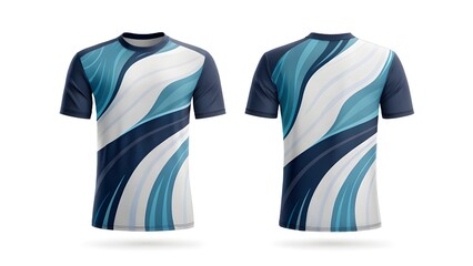 Mockup Stylish navy and white sports jersey design, shown front and back, featuring abstract wave patterns.