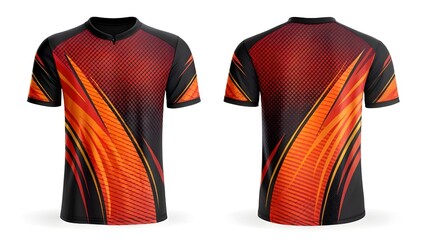 Mockup Sport shirt design, front and back views, orange and black, dynamic pattern.