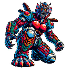 Ai generated image of a powerful monster robot with intricate armor stands isolated on transparent background