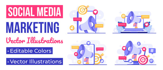 Set of social media marketing concepts flat vector illustration for landing page, web banner, mobile application, banner, business content strategy, web design, Digital marketing, online connection