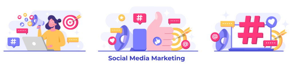 Set of social media marketing concepts flat vector illustration for landing page, web banner, mobile application, banner, business content strategy, web design, Digital marketing, online connection