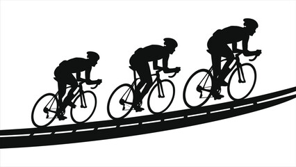 Obraz premium Uphill Cycling Race: Three Silhouetted Riders on a Gradient Road