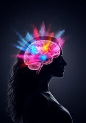 Illuminated Mind: Creative Potential - Silhouette of a woman with a vibrant, illuminated brain, showcasing creativity and intelligence. A burst of color signifies innovative thinking