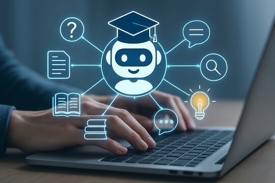 Ai chatbot with educational icons connected to a person using a laptop
