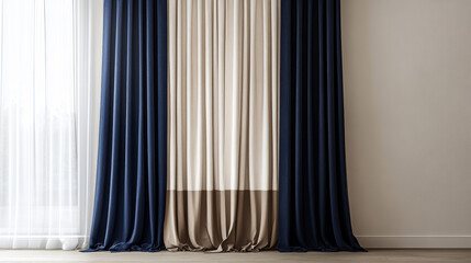 Two-Tone Layered Curtains in Neutral Beige and Deep Navy Enhancing Minimalist Room Depth and Elegance