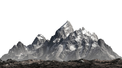 High rocky mountains present snowy peaks on a transparent backdrop.