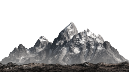 High rocky mountains present snowy peaks on a transparent backdrop.