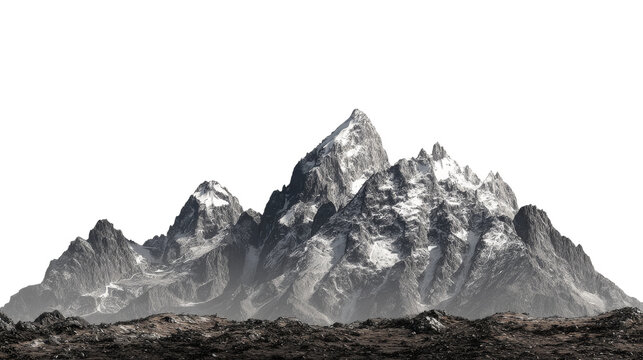 High rocky mountains present snowy peaks on a transparent backdrop.