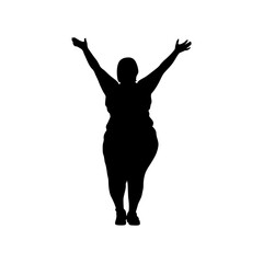 A powerful silhouette of a plus-size woman with arms raised in a celebratory pose against a plain white background.