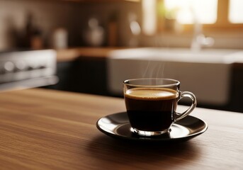 Morning Coffee Still Life - A steaming cup of espresso sits on a wooden surface, symbolizing warmth, comfort, energy, a quiet moment, and the start of a new day