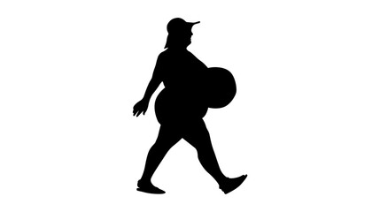 A bold silhouette of a plus-size person walking, carrying a beach ball.