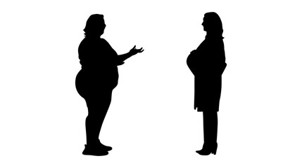 Two female silhouettes, one obese and one slender, engaged in a conversation.