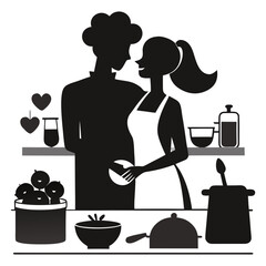 Couple Cooking Together Silhouette – Playful Kitchen Love Scene on Clean White Background for Wall Art and T-Shirts

