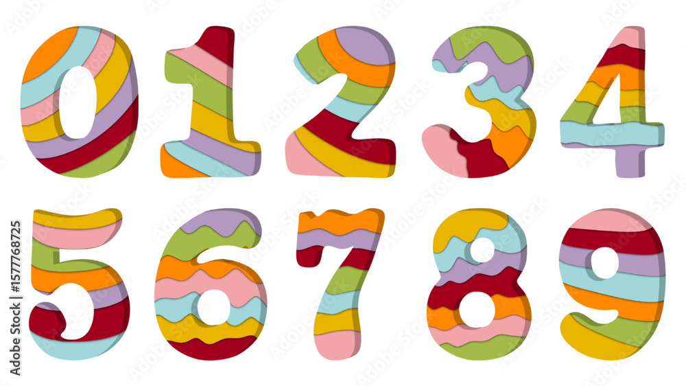 Fototapete a set of numbers from zero to nine with colorful, wavy stripes.