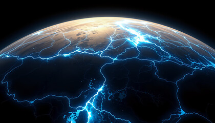 Ancient oceanic currents visualized as glowing blue veins on a dark planet, revealing hidden flows.